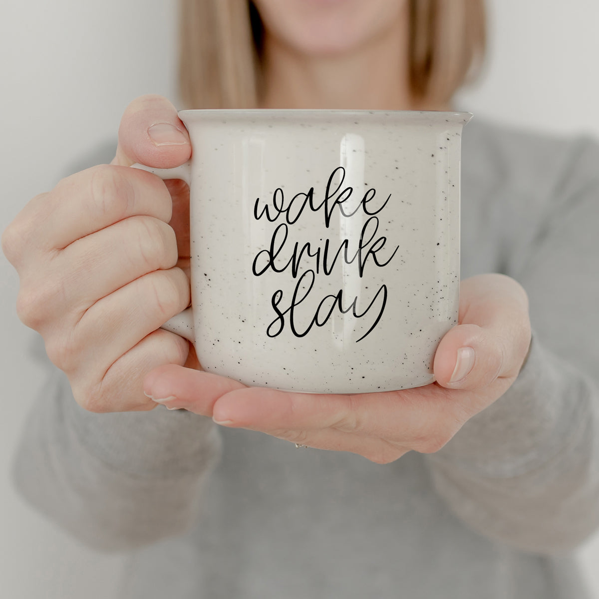 Wake Drink Slay 14.5oz Ceramic Campfire Mug Double-Sided Speckled White Sesame