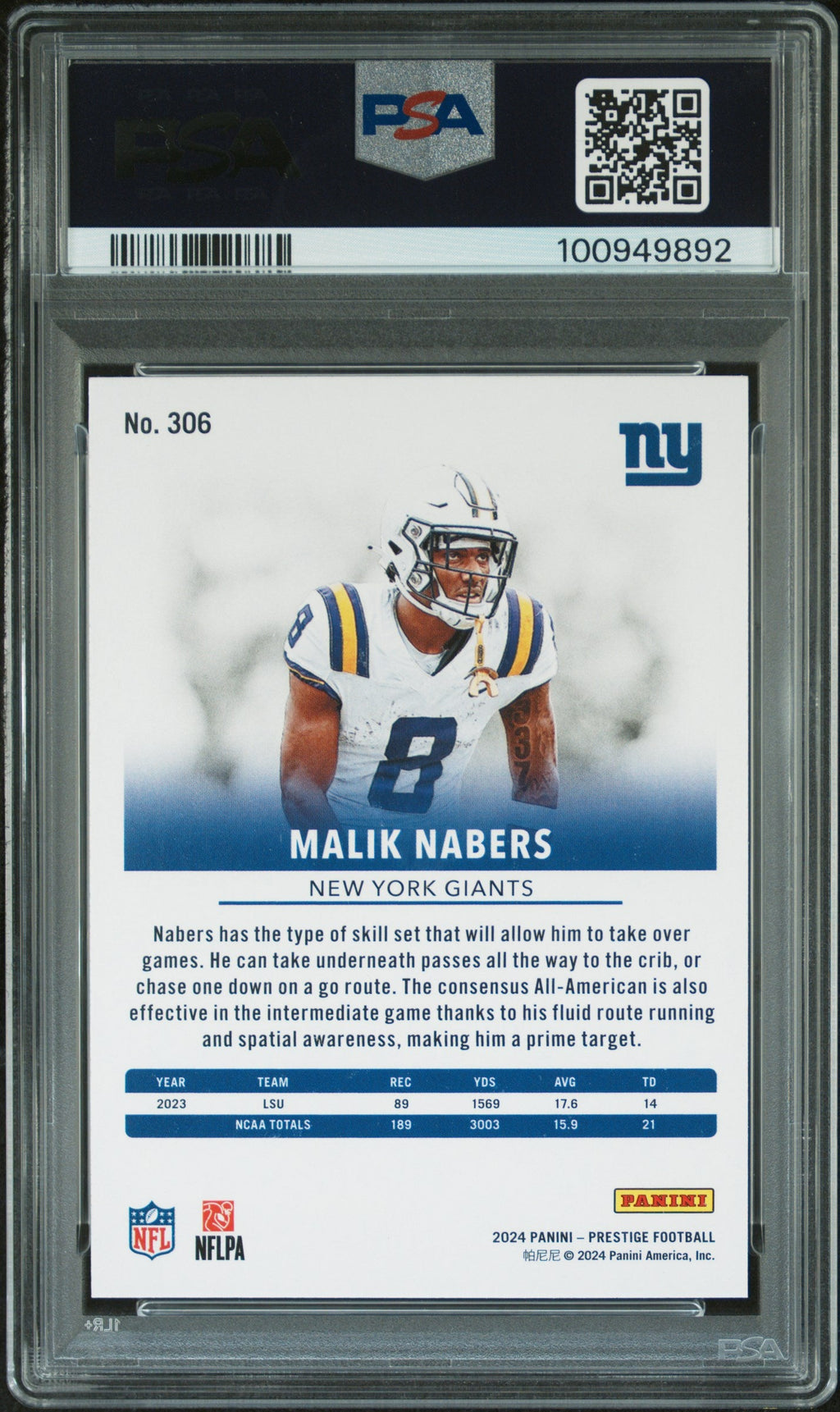 Graded 2024 Panini Prestige Malik Nabers #306 Dots Xtra Points Rookie RC Football Card PSA 10 Gem Mint