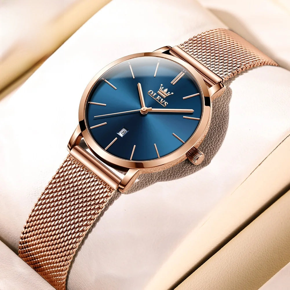 Women's Mesh Strap Watch Slim Quartz Date Luminous Steel