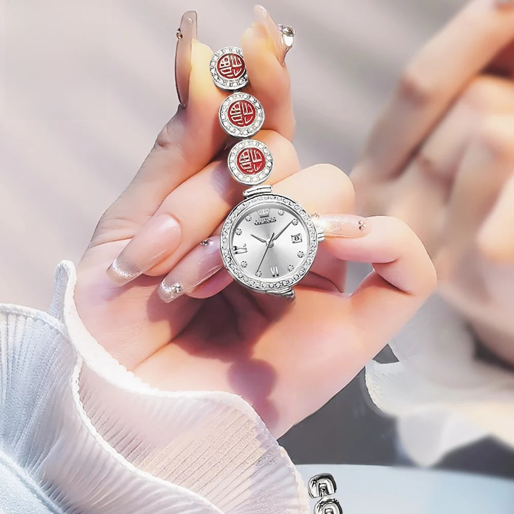 Women's Elegant Bracelet Quartz Watch Red Dial Waterproof