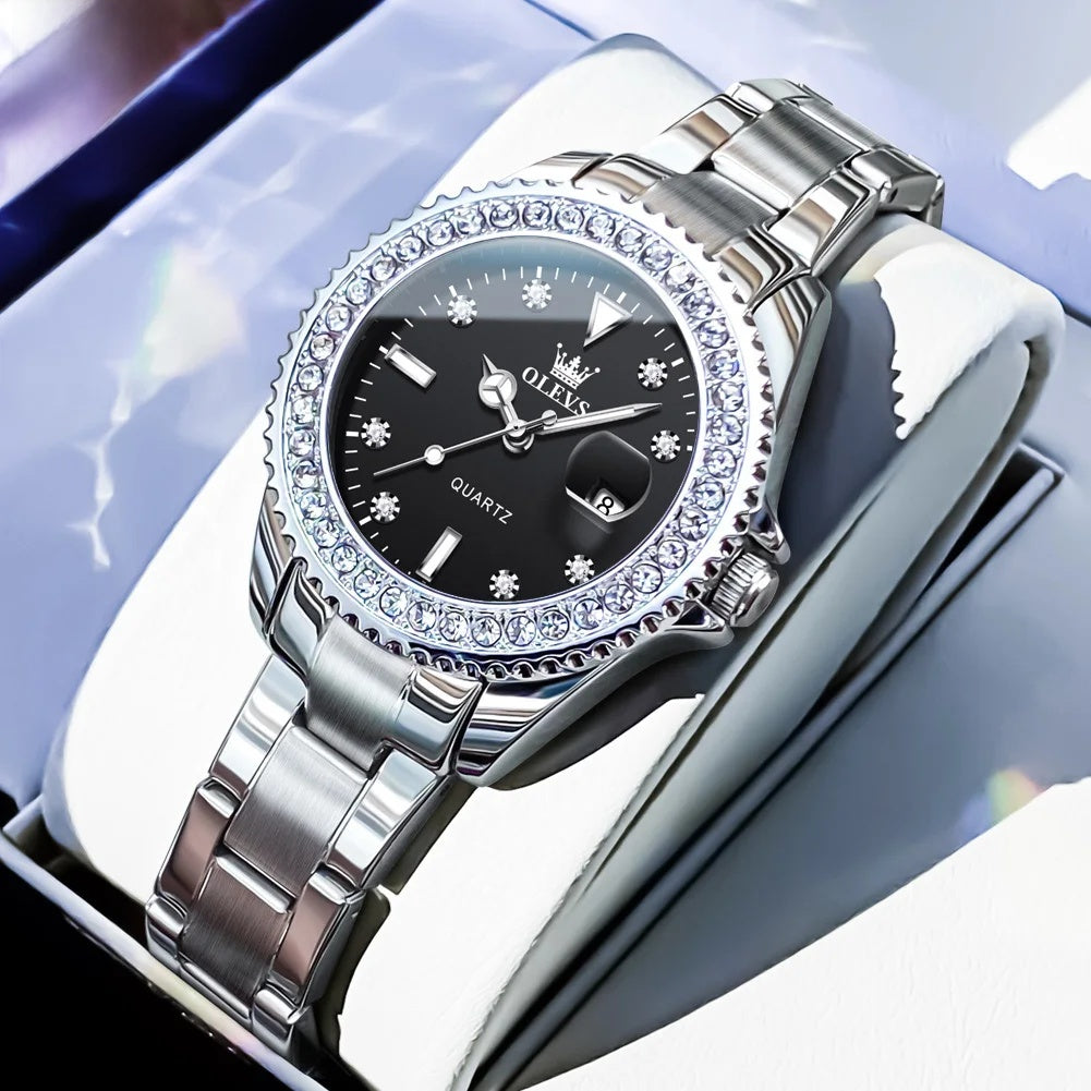 Women's Sunray Dial Zircon Bezel Steel Quartz Watch