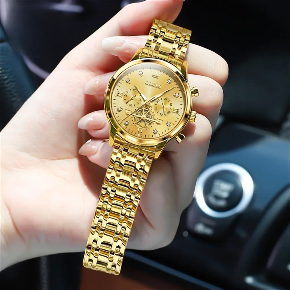 Women's Gold Stainless Steel Multifunction Quartz Watch