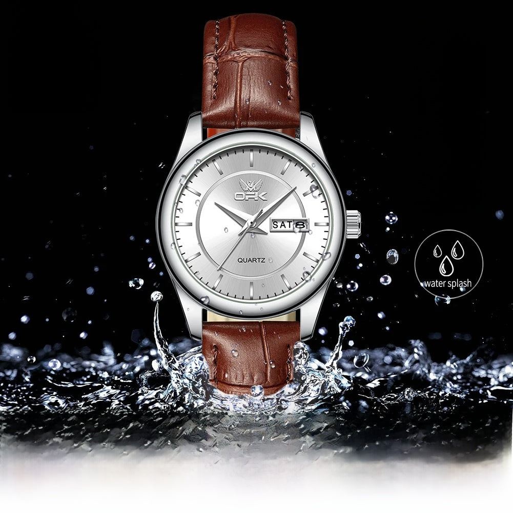 Women's Leather Strap Quartz Watch Silver Case Dual Day