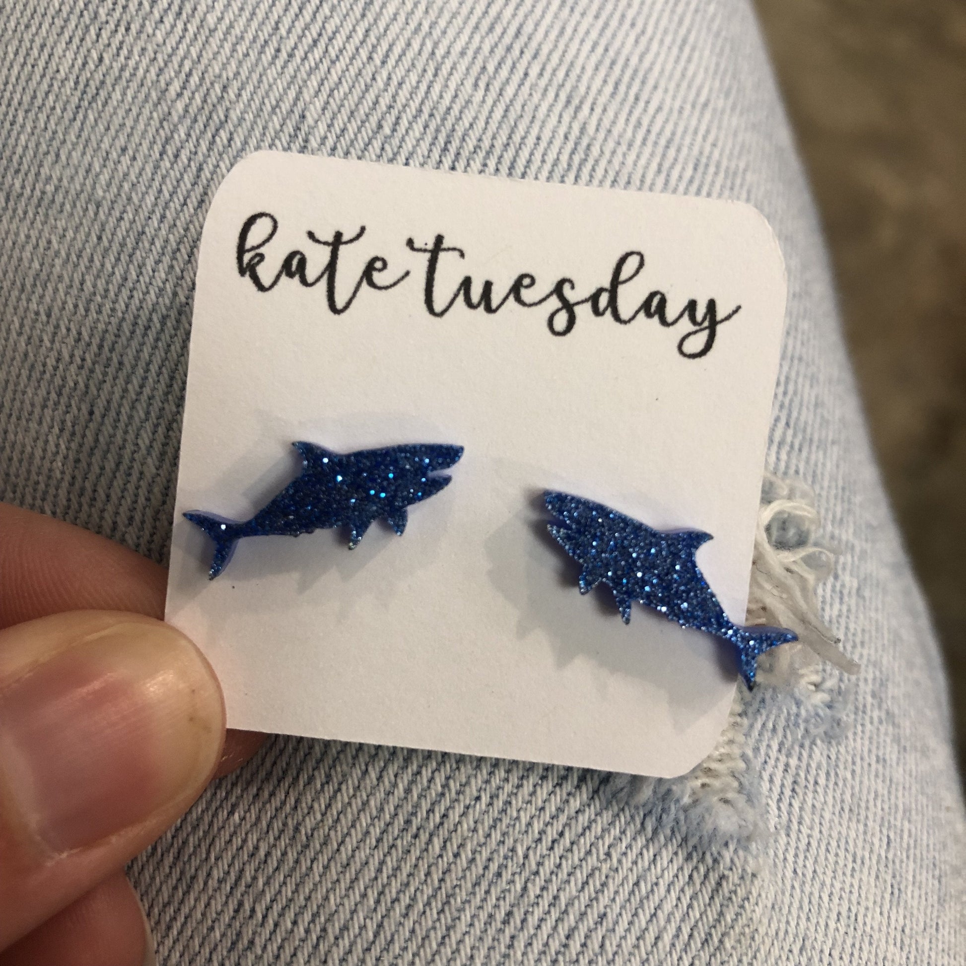 Baby Blue Shark Acrylic Stud Earrings Glitter Finish