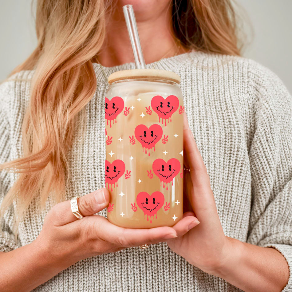 Badass Bougie 20oz Glass Cup With Bamboo Lid Funny Smiley Heart Design