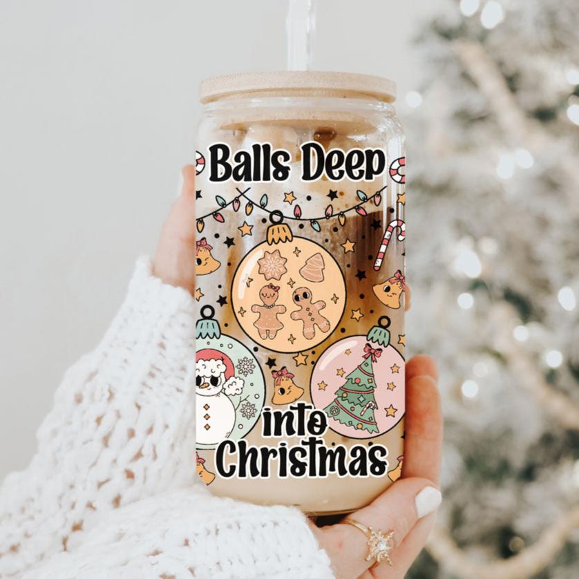 Balls Deep 17oz Christmas Mug Funny Holiday Cup With Ornament Design Humorous Seasonal Drinkware