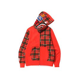 BAPE Logo Check Shark Full Zip Hoodie Red