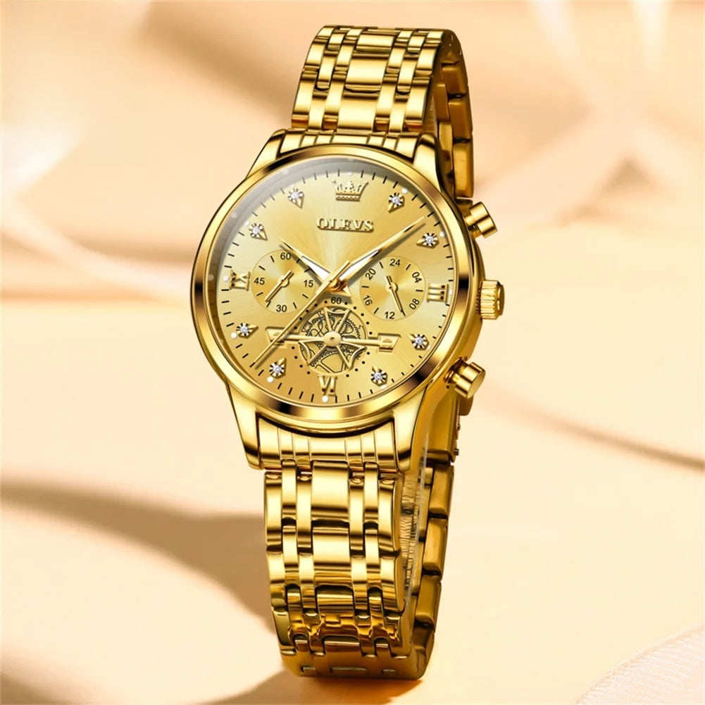 Women's Gold Stainless Steel Multifunction Quartz Watch