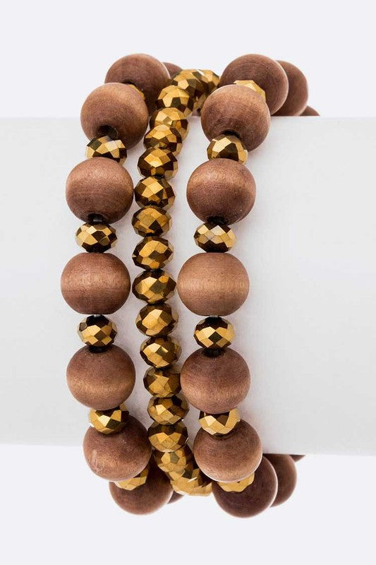 Beaded Stretch Bracelet Set Wood And Gold Toned Boho