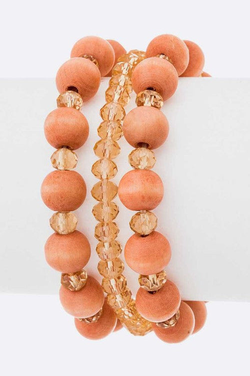 Beaded Stretch Bracelet Set Wood And Gold Toned Boho