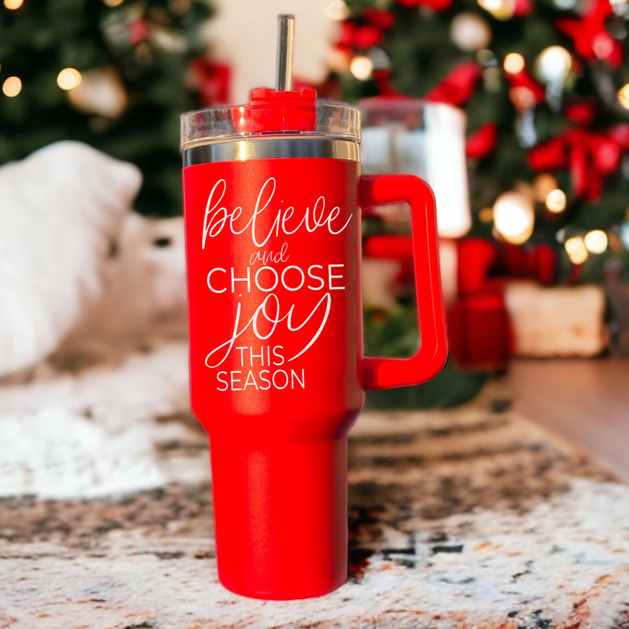 Believe Joy 40oz Insulated Tumbler With Handle Lid Straw Holiday Travel Mug