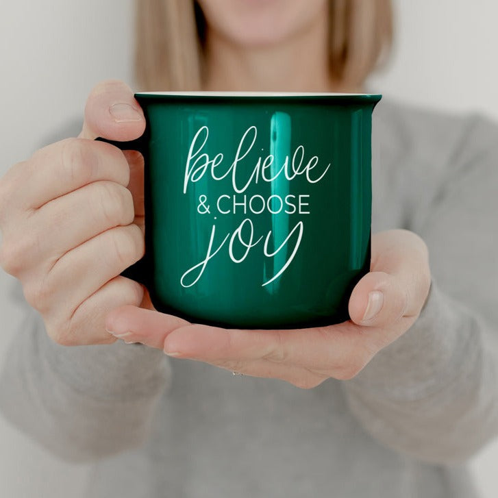 Believe And Joy Ceramic Campfire Mug 14.5oz Red Green Double-Sided White Text