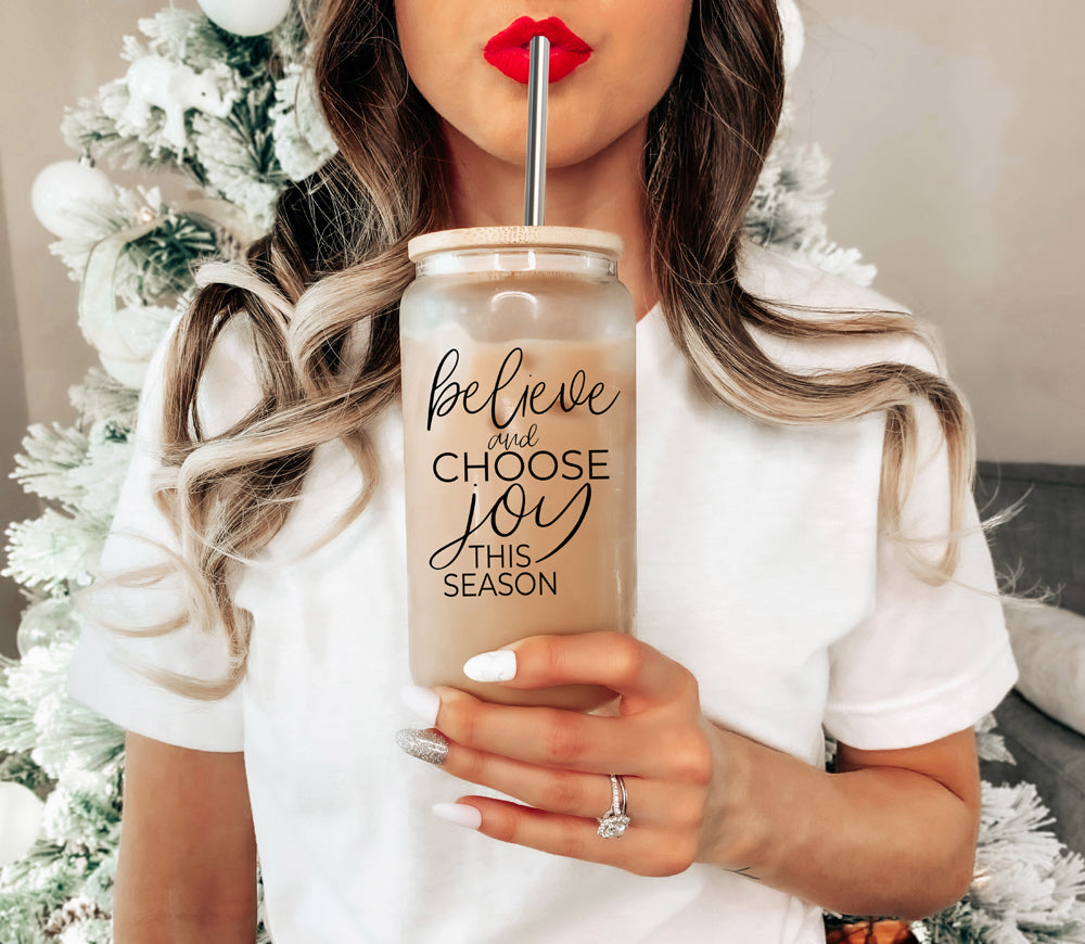 17oz Glass Tumbler With Bamboo Lid, 2 Steel Straws And Cleaner - Believe Joy