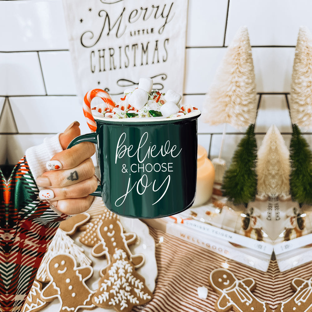 Believe And Joy Ceramic Campfire Mug 14.5oz Red Green Double-Sided White Text