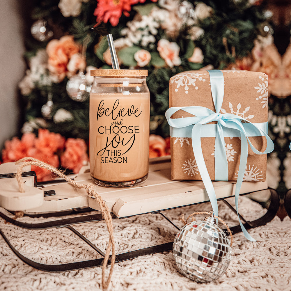 17oz Glass Tumbler With Bamboo Lid, 2 Steel Straws And Cleaner - Believe Joy