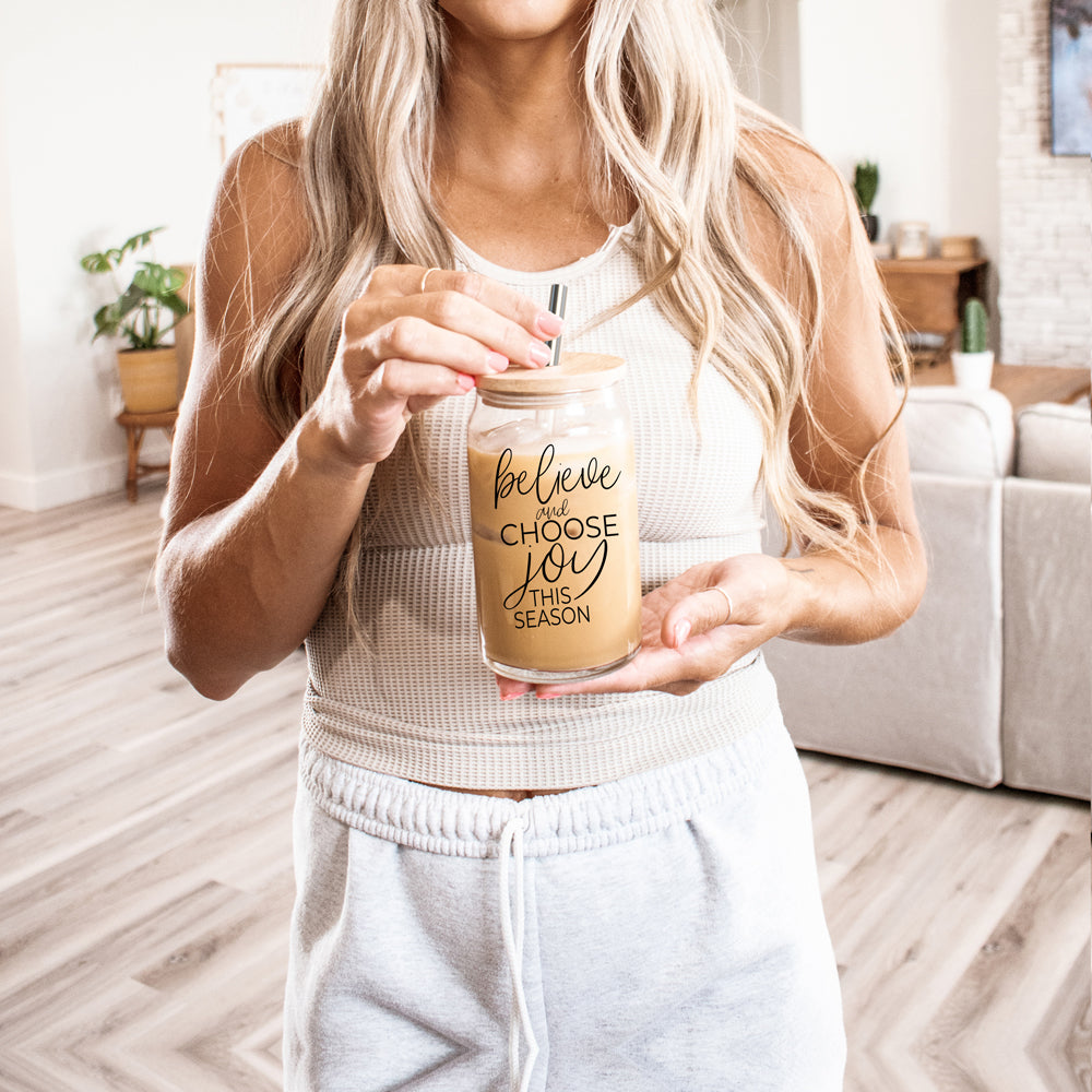 17oz Glass Tumbler With Bamboo Lid, 2 Steel Straws And Cleaner - Believe Joy