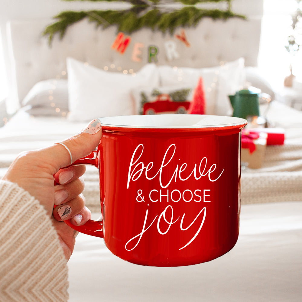 Believe And Joy Ceramic Campfire Mug 14.5oz Red Green Double-Sided White Text