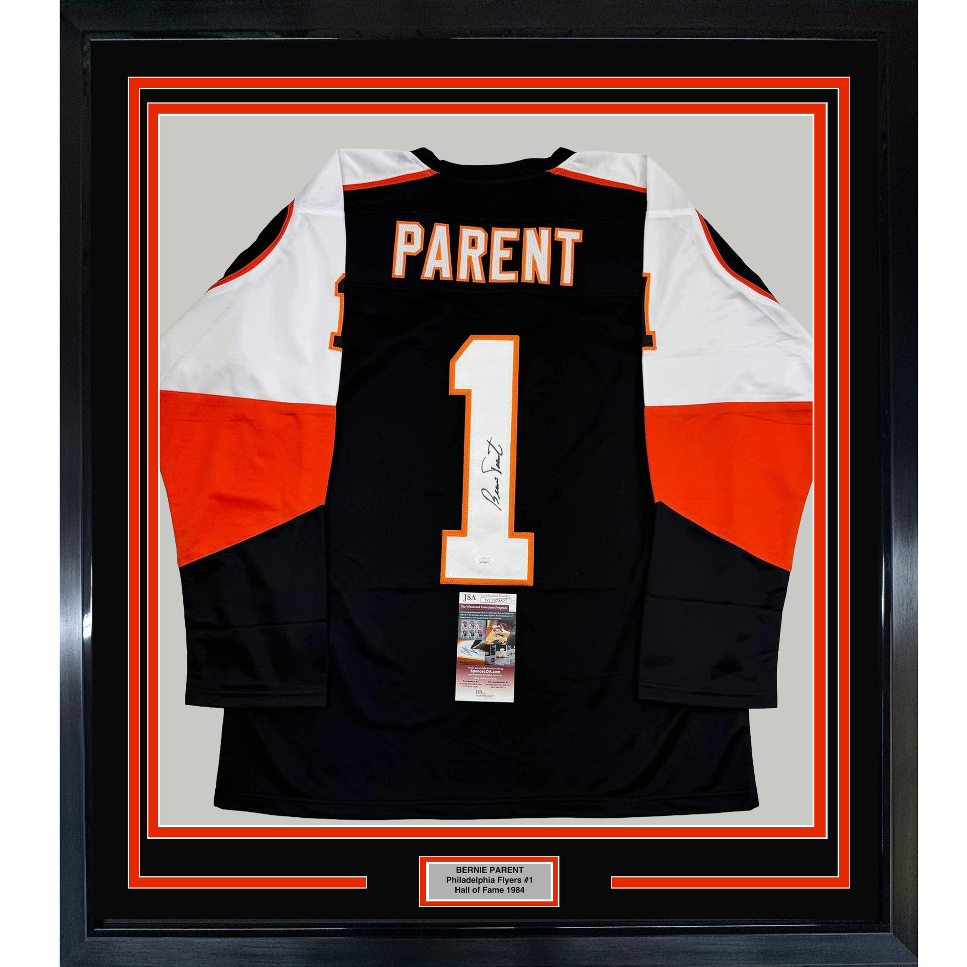 Framed Autographed/Signed Bernie Parent 35x39 Philadelphia Black Hockey Jersey JSA COA