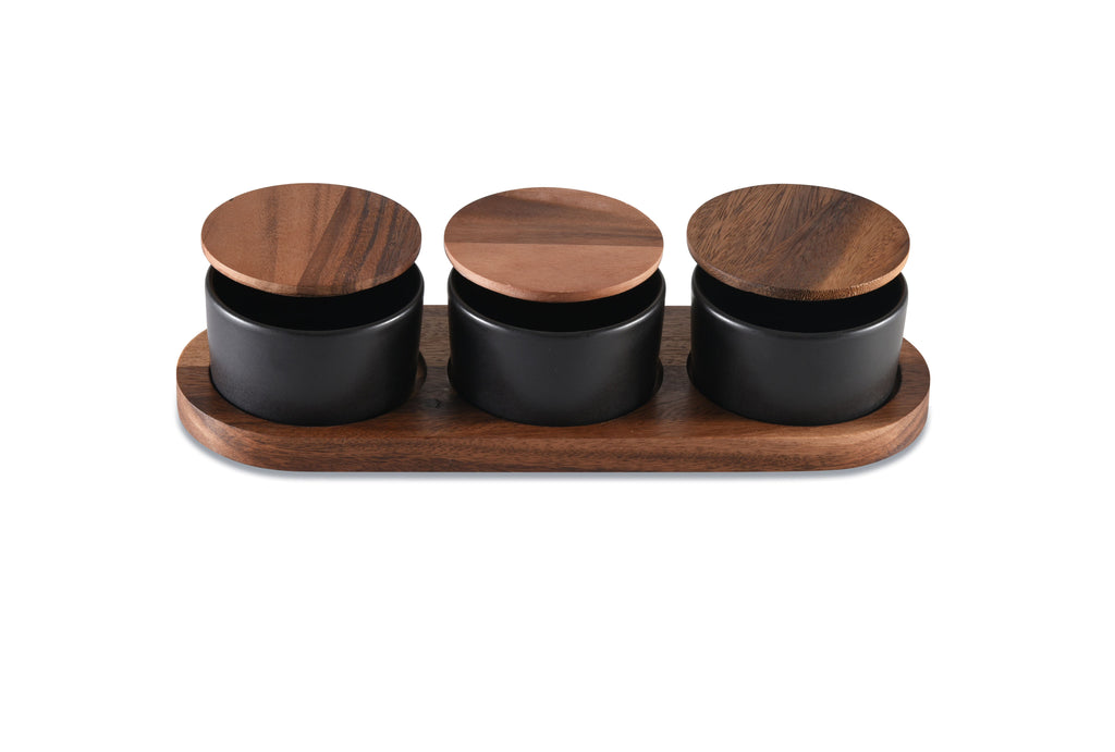 Black Ceramic Condiment Set With Acacia Wood Lids And Base 3 Bowls
