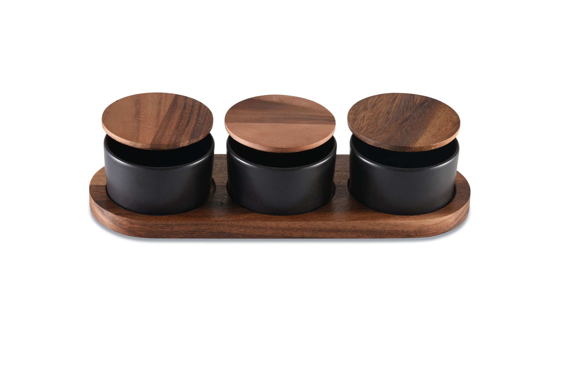 Black Ceramic Condiment Set With Acacia Wood Lids And Base 3 Bowls