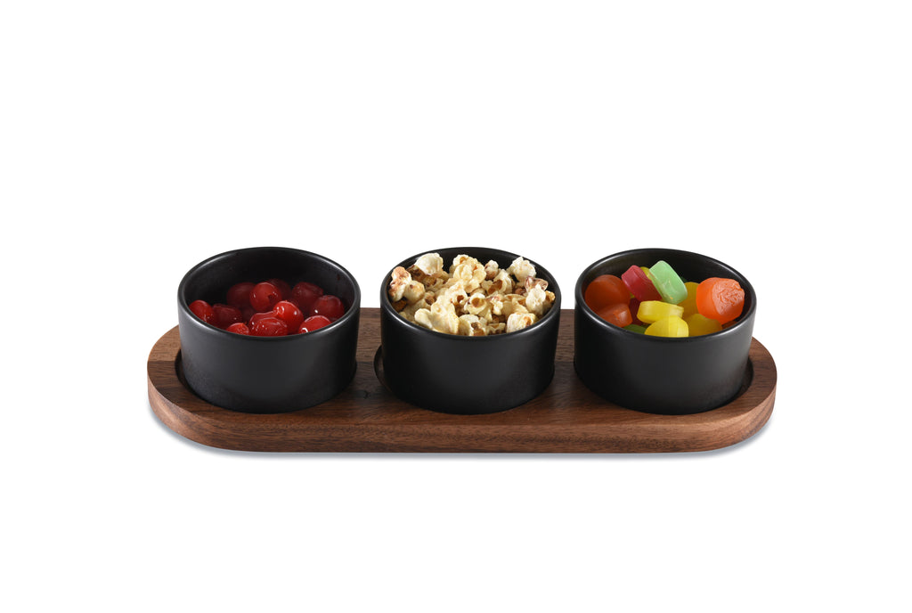 Black Ceramic Condiment Set With Acacia Wood Lids And Base 3 Bowls