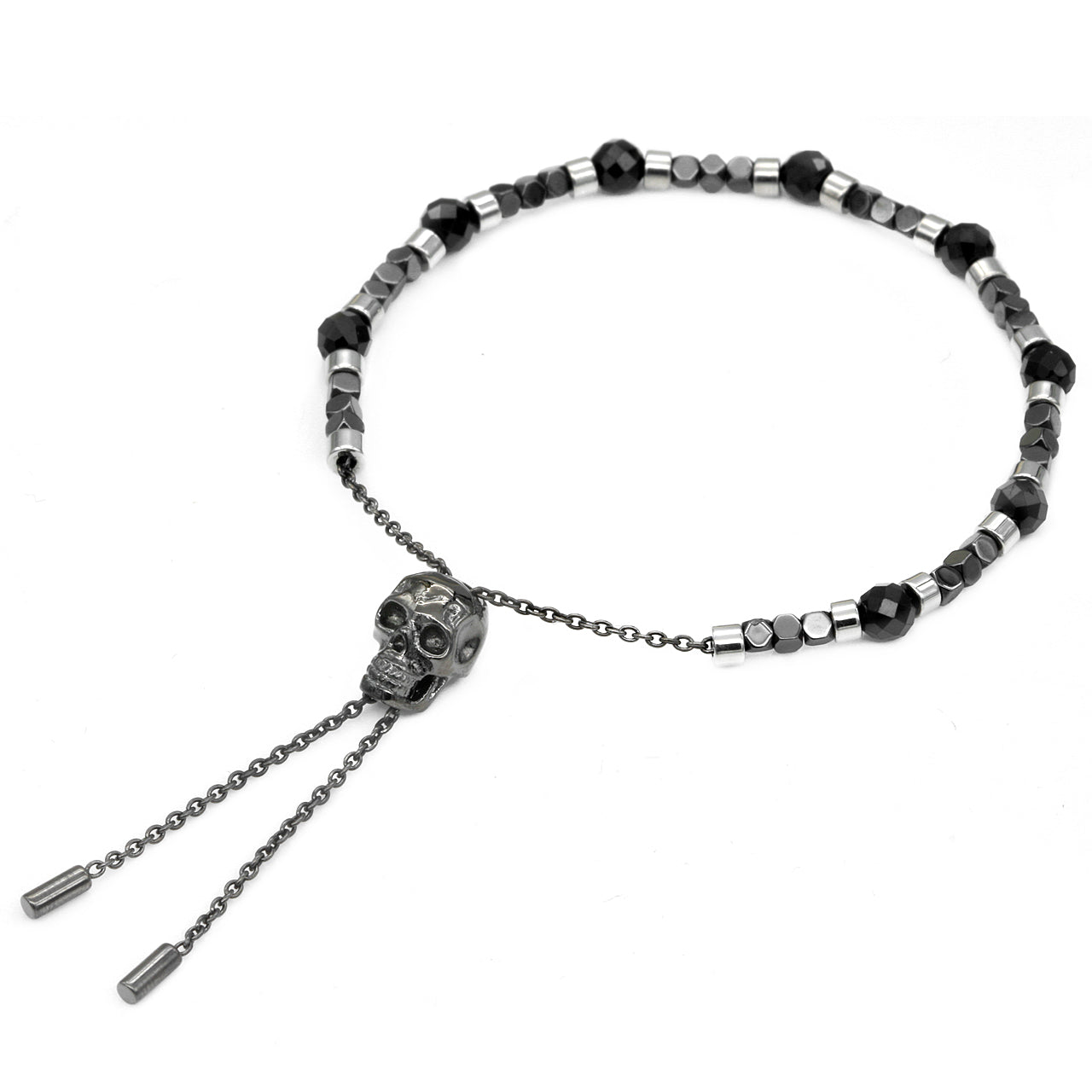 Black Spinel Skull Pull Chain Bracelet Adjustable For Men