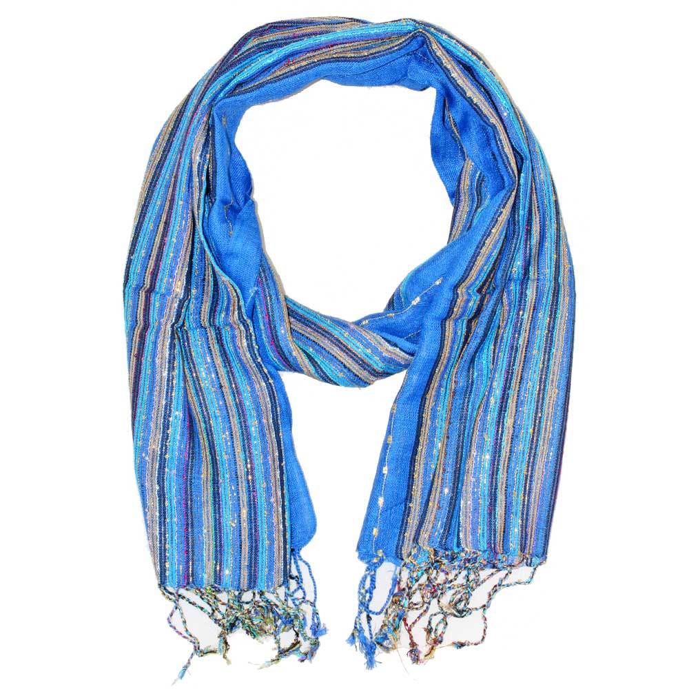 Blue Cotton Lurex Striped Scarf Lightweight Sparkle Glam