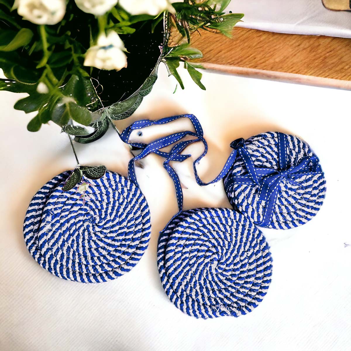 Blue Braided Holiday Coaster Set 4 Pack Candy Cane Stripe Table Protectors Absorbent Drink Mats