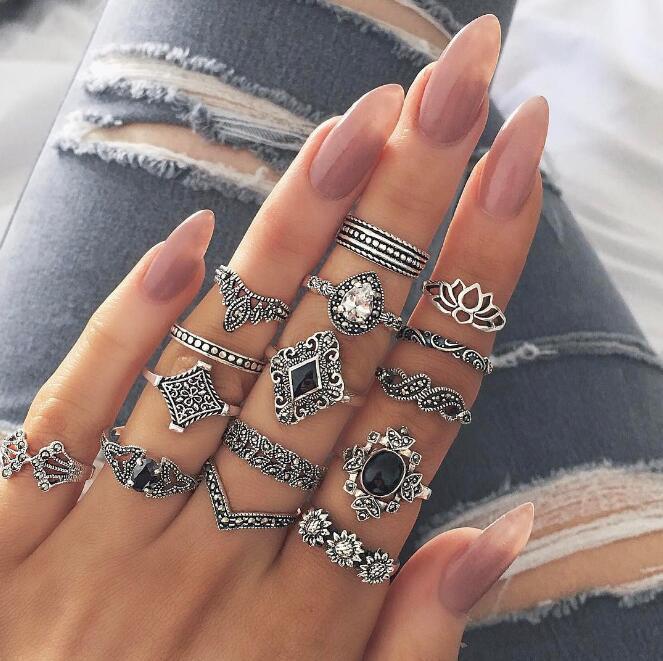 Boho Floral Stackable Silver Flower Ring Set For Women