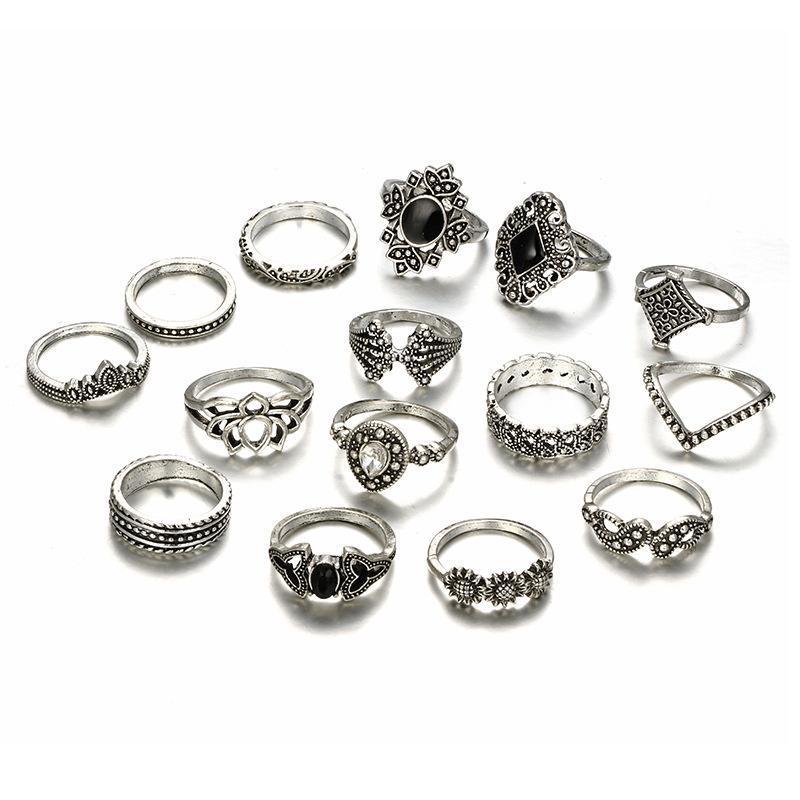 Boho Floral Stackable Silver Flower Ring Set For Women