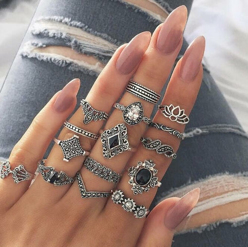 Boho Floral Stackable Silver Flower Ring Set For Women