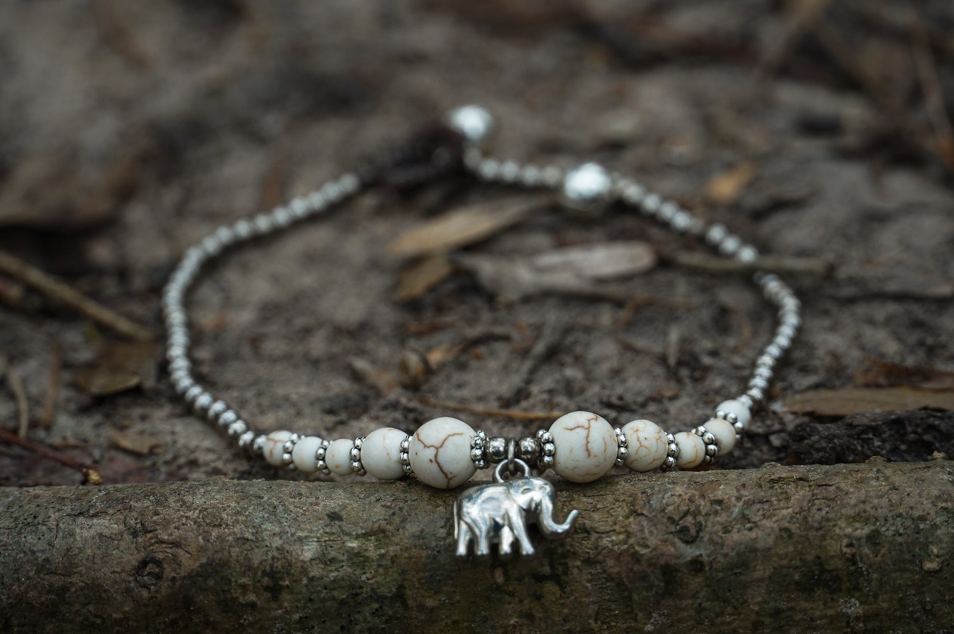 Boho Silver Anklet With White Elephant Pendant Beach