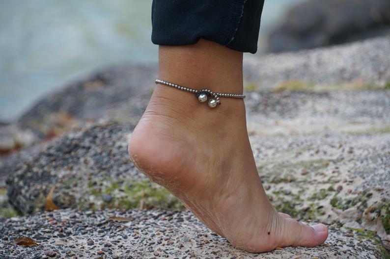 Boho Silver Elephant Anklet White Beaded Charm Chain Beach