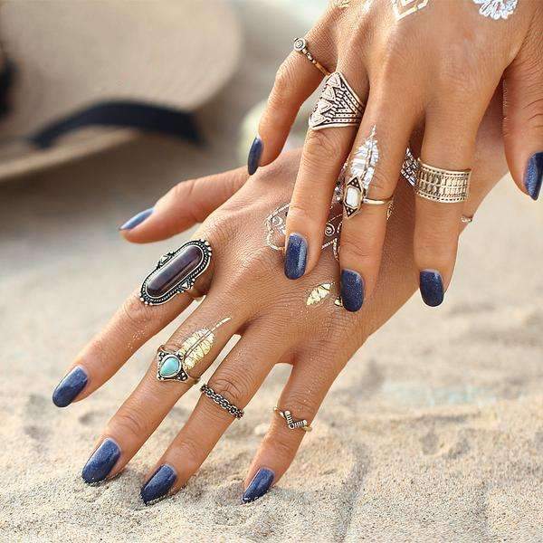Boho Silver Stacking Ring Set With Turquoise Accent Stones