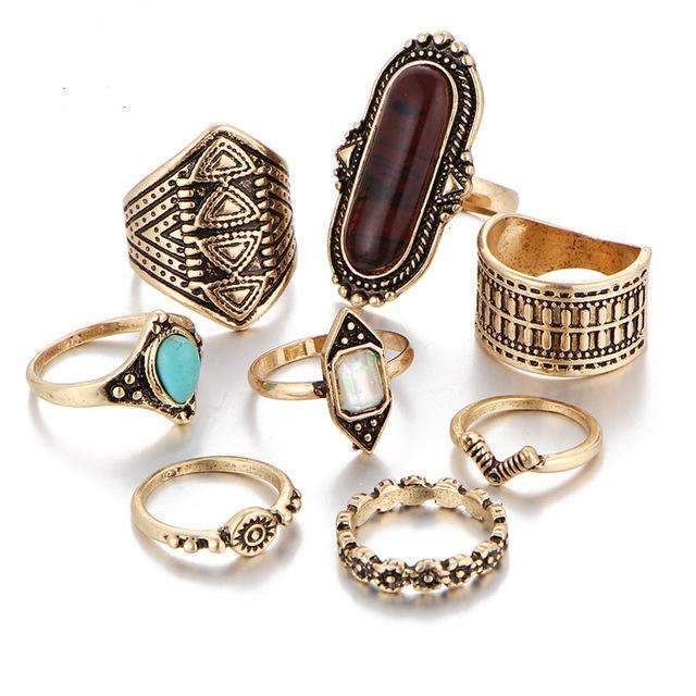 Boho Silver Stacking Ring Set With Turquoise Accent Stones