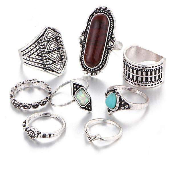 Boho Silver Stacking Ring Set With Turquoise Accent Stones