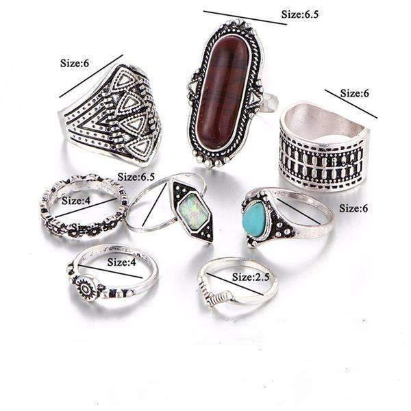 Boho Silver Stacking Ring Set With Turquoise Accent Stones