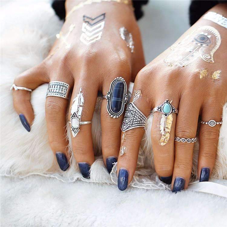 Boho Silver Stacking Ring Set With Turquoise Accent Stones