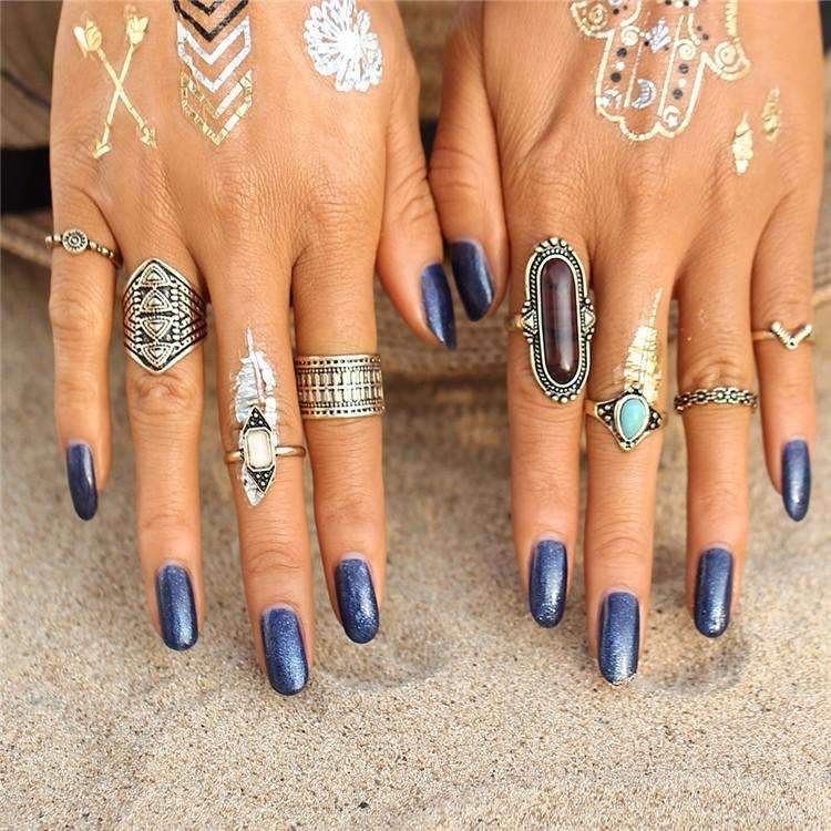Boho Silver Stacking Ring Set With Turquoise Accent Stones