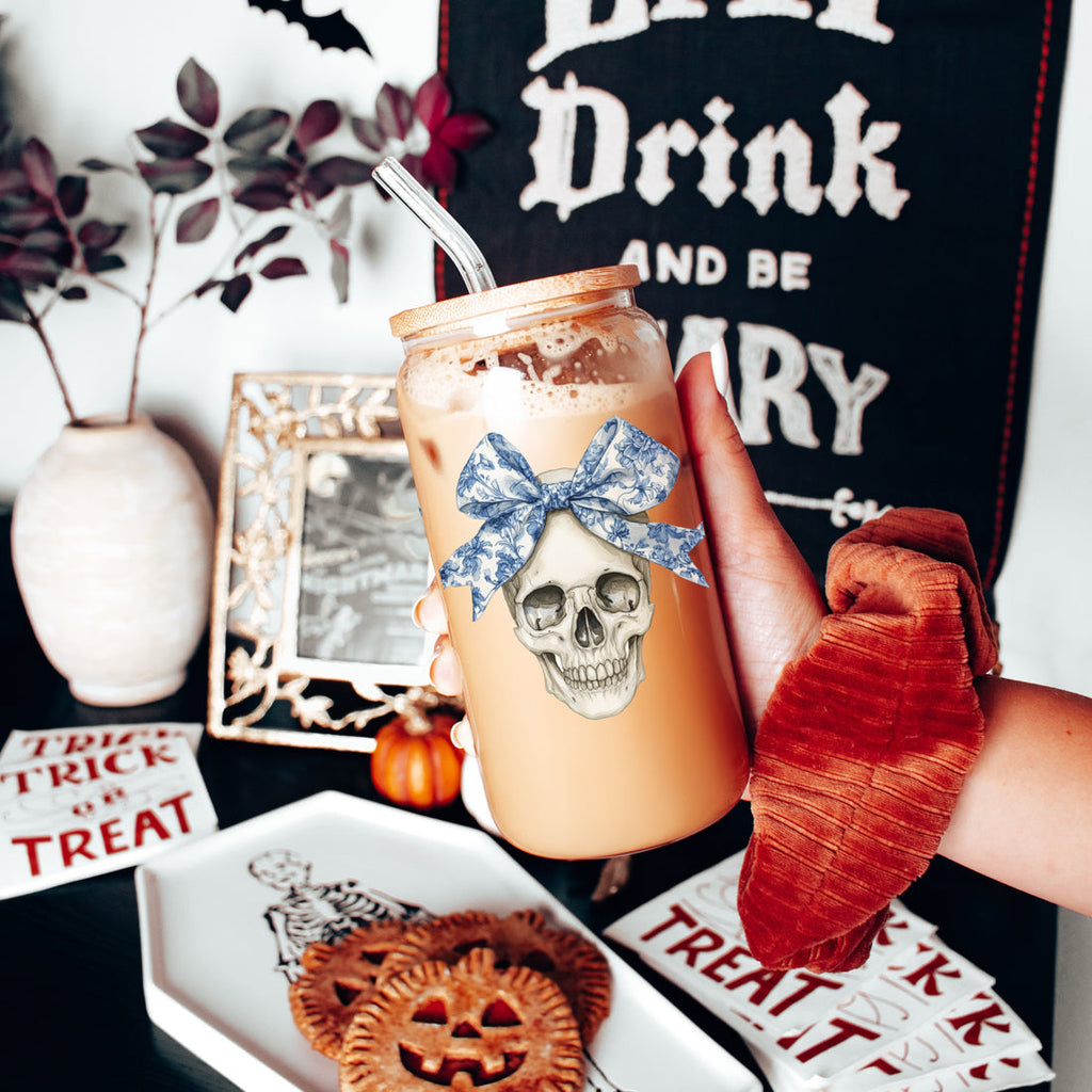 Bow Skull 20oz Insulated Glass Tumbler With Bamboo Lid And Stainless Straws