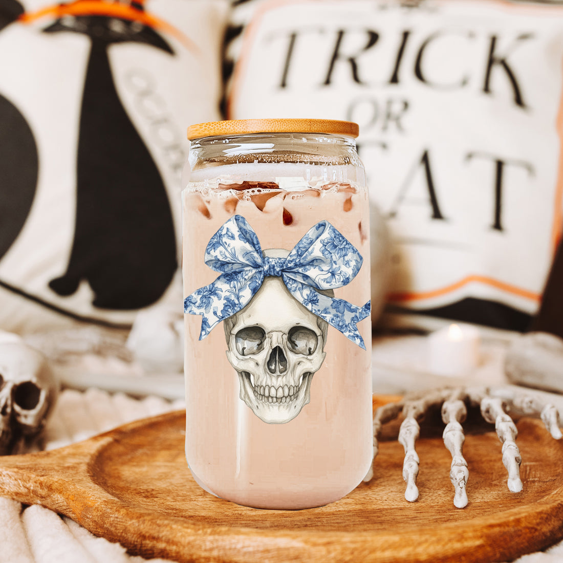 Bow Skull 20oz Insulated Glass Tumbler With Bamboo Lid And Stainless Straws