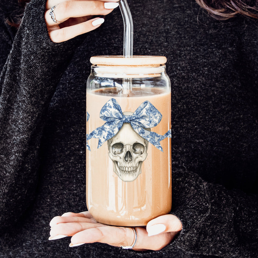 Bow Skull 20oz Insulated Glass Tumbler With Bamboo Lid And Stainless Straws