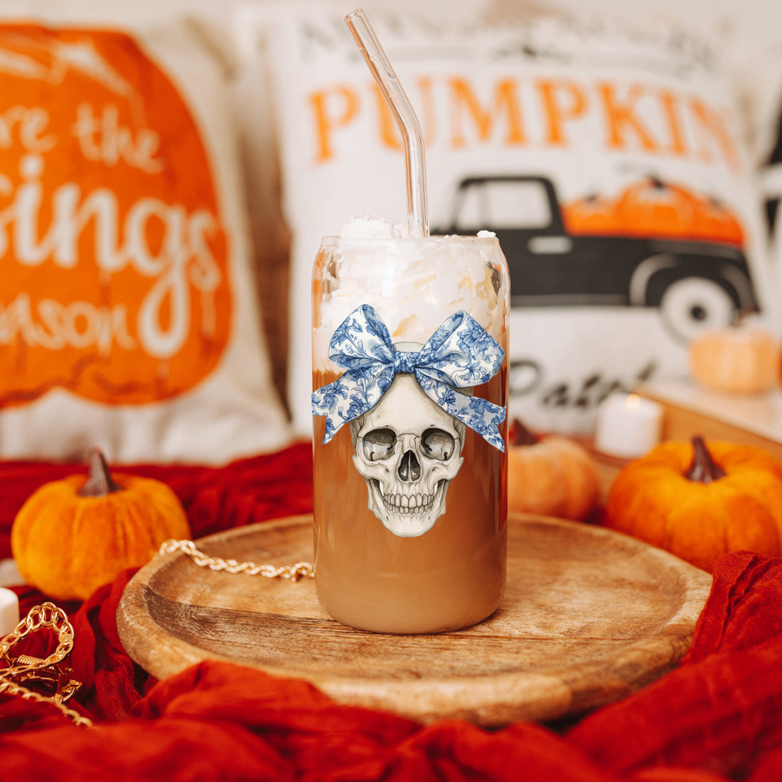 Bow Skull 20oz Insulated Glass Tumbler With Bamboo Lid And Stainless Straws