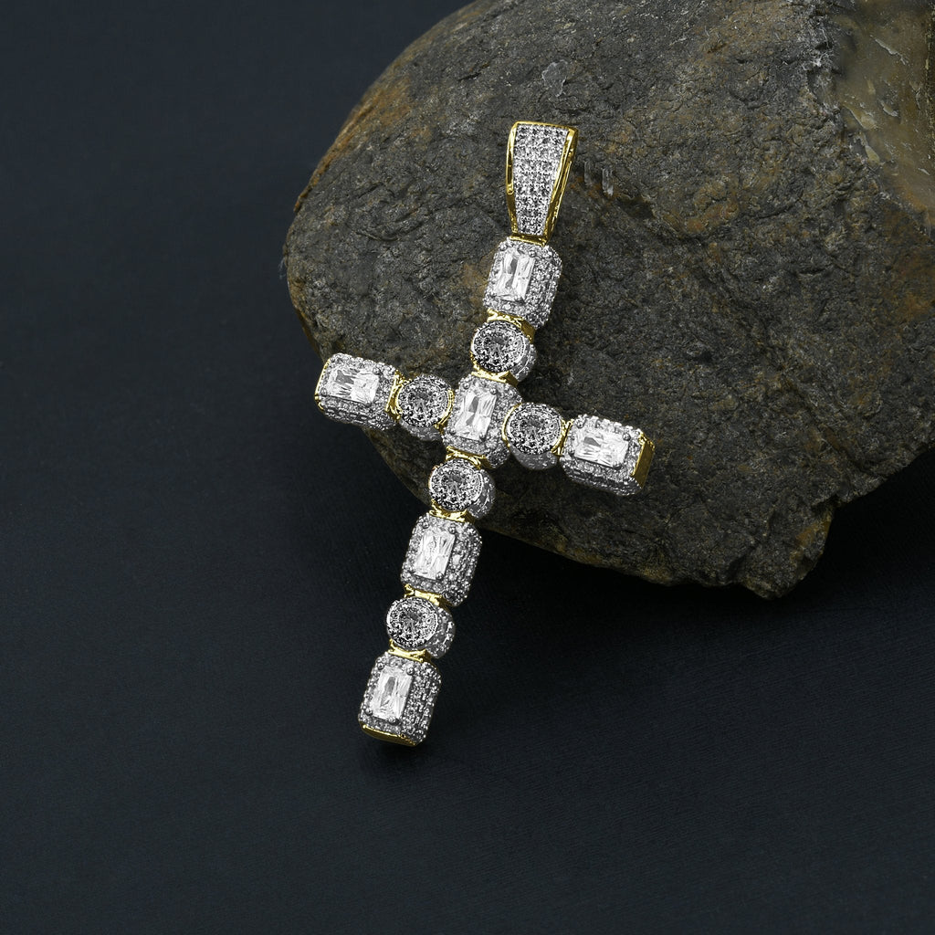 Brass Copper Cross Pendant With Baguette CZ Pave Stones