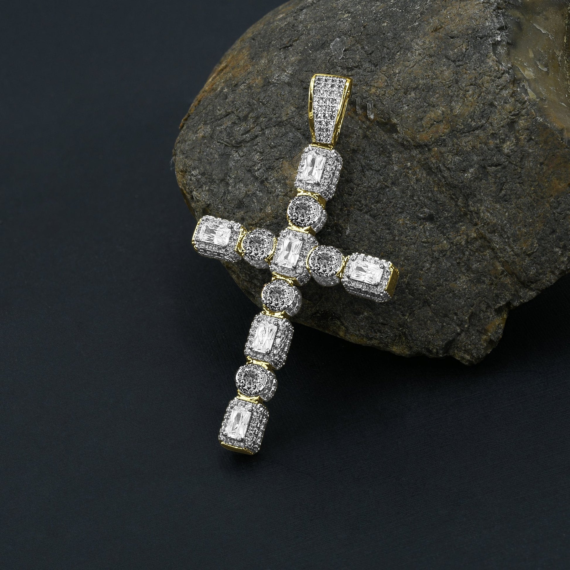 Brass Copper Cross Pendant With Baguette CZ Pave Stones