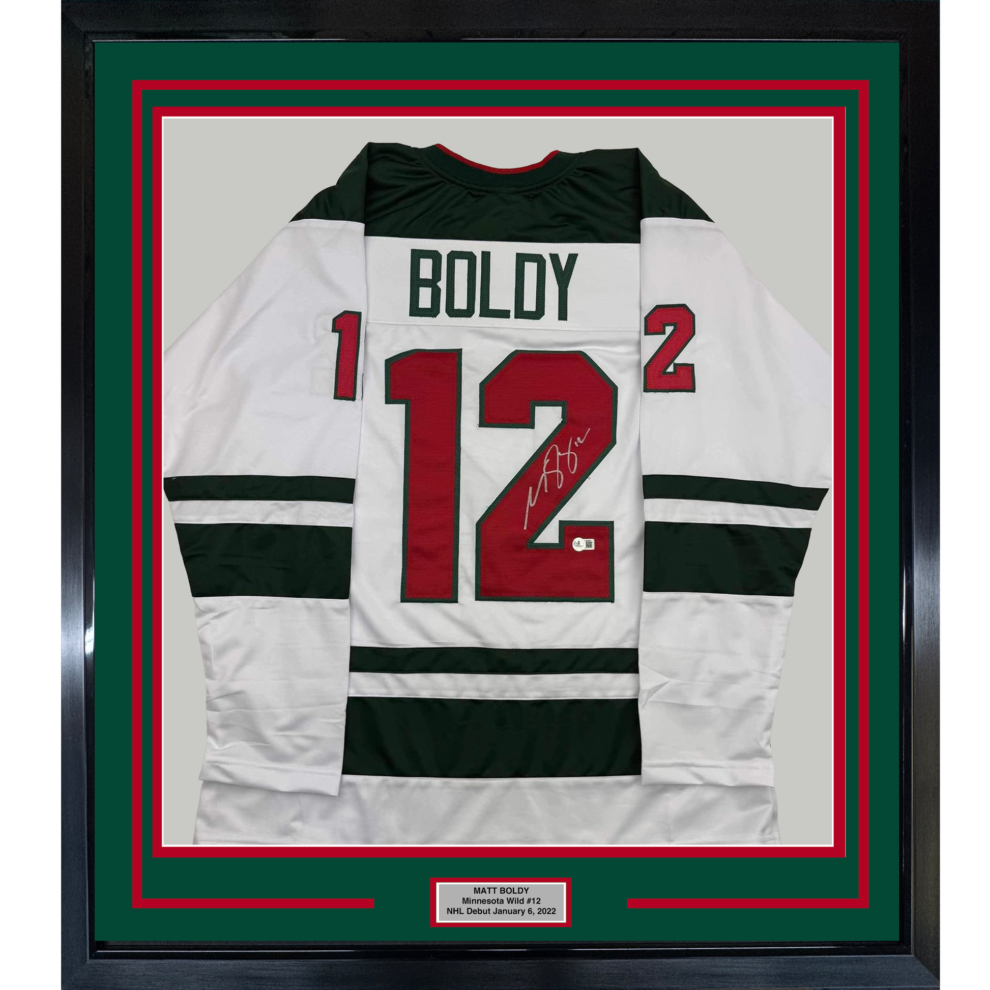 Framed Autographed/Signed Matt Boldy 35x39 Minnesota White Hockey Jersey Beckett BAS COA