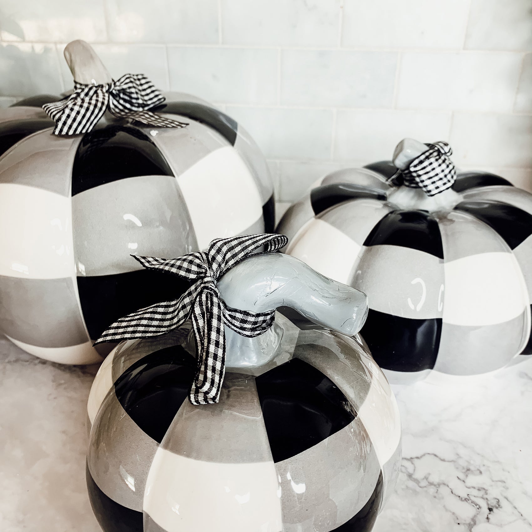 Buffalo Check Pumpkin Hand-Painted Black White Gingham Fall Halloween Decor