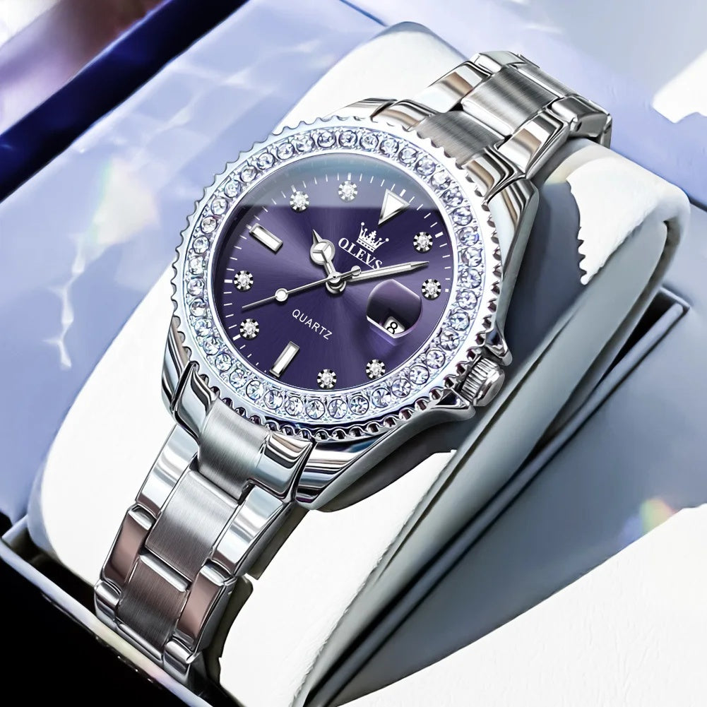 Women's Sunray Dial Zircon Bezel Steel Quartz Watch