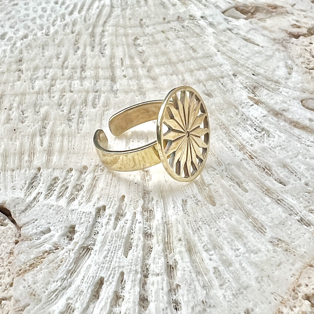 Cambodian Sunshine Ring Recycled Bombshell Brass Minimalist Peaceful Gold