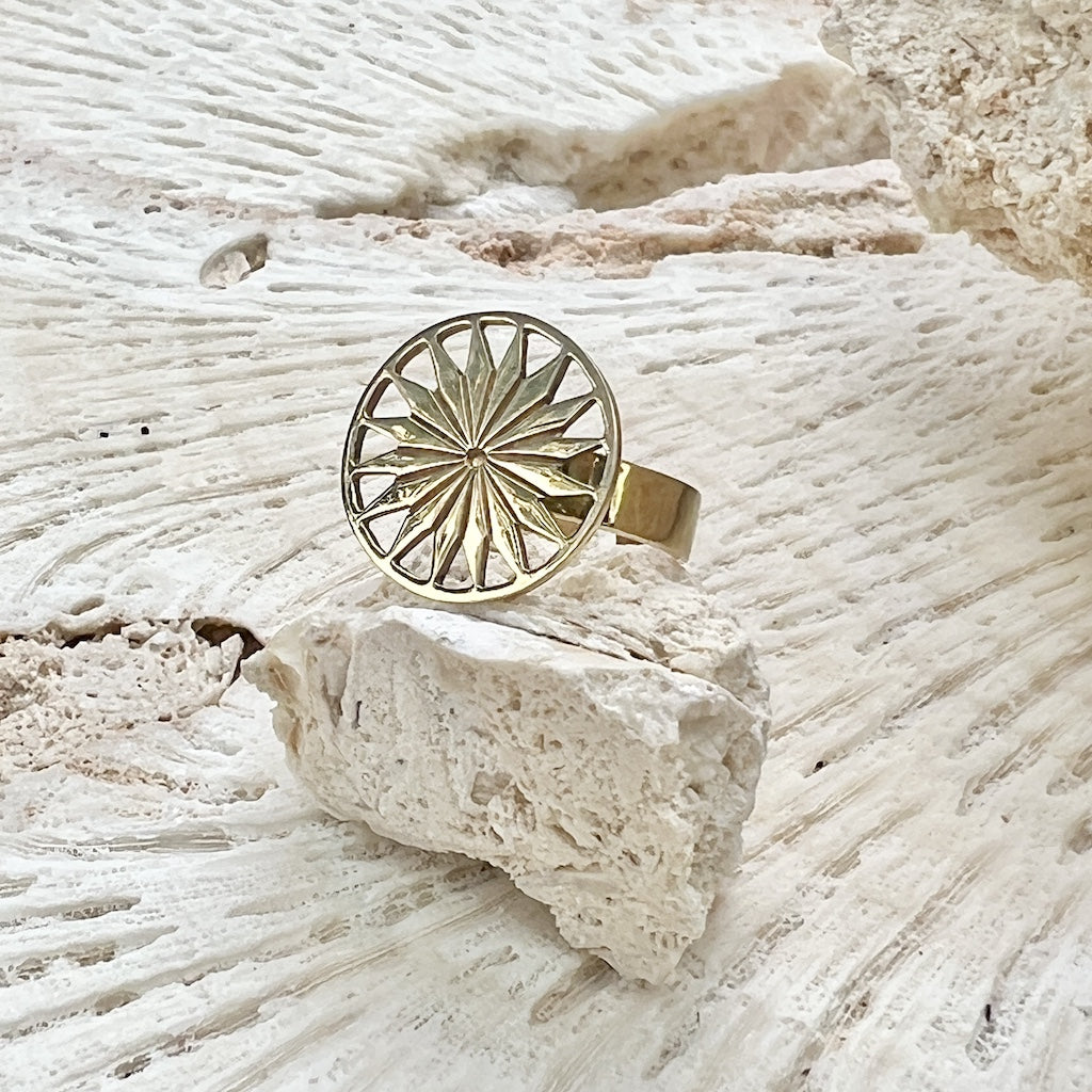Cambodian Sunshine Ring Recycled Bombshell Brass Minimalist Peaceful Gold
